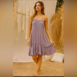 Free People Heat Wave Pastel Purple Embroidered Trapeze Slip Dress SZ S